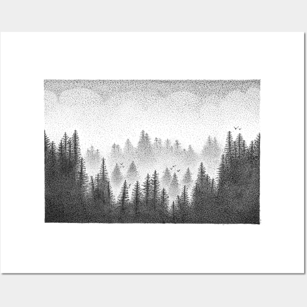 Misty Pine Forest Dotwork Wall Art by Broken Line Design